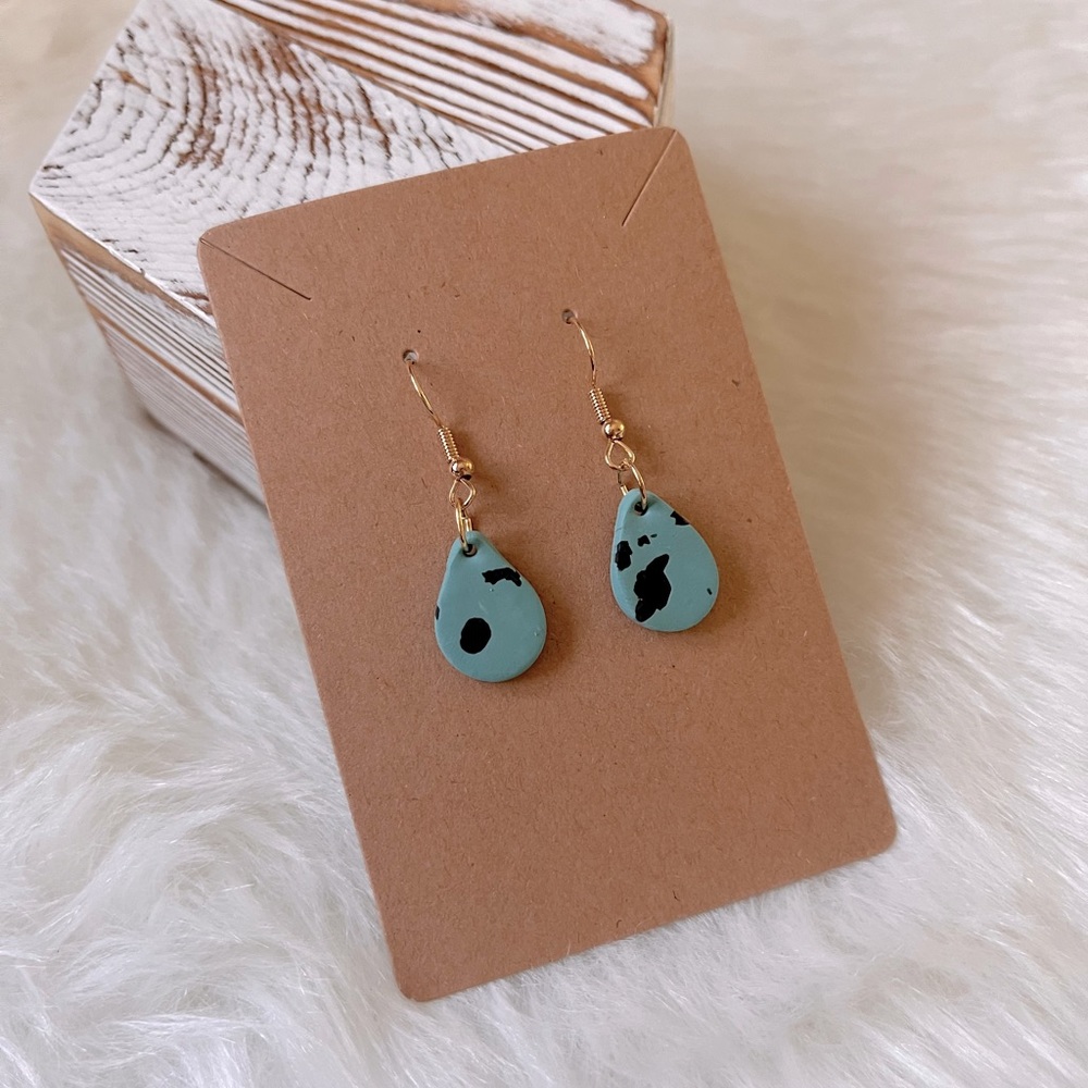 Blue Speckled Teardrop Earrings With Gold Tone Hook